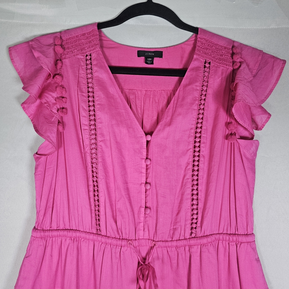 J. Crew Point Sur Pom‎ Pom Flutter Sleeve Midi Dress Flamingo Pink sz 12P - Picture 4 of 13